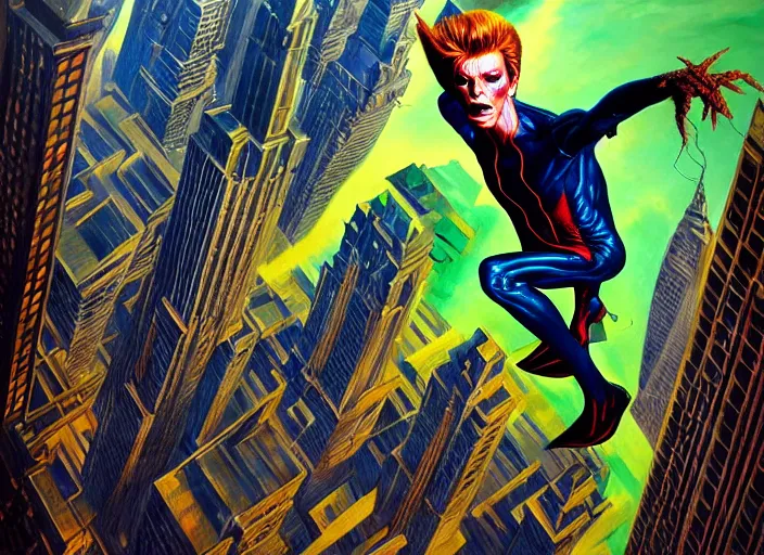 Prompt: painted poster of david bowie, as the green goblin flying above new york in the background. intricate, elegant, highly detailed, centered, digital painting, artstation, concept art, smooth, sharp focus, illustration, artgerm, tomasz alen kopera, peter mohrbacher, donato giancola, joseph christian leyendecker, drew struzan