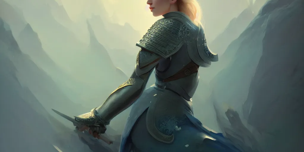 Image similar to a beautiful nordic woman, blue eyes, wearing knight armor, full body, extremely detailed digital painting, in the style of fenghua zhong and ruan jia and jeremy lipking and peter mohrbacher, mystical colors, rim light, beautiful lighting, 8 k, stunning scene, raytracing, octane, trending on artstation