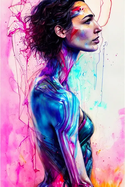 Image similar to gal gadot by agnes cecile enki bilal moebius, intricated details, 3 / 4 back view, full body portrait, extremely luminous bright design, pastel colours, drips, autumn lights