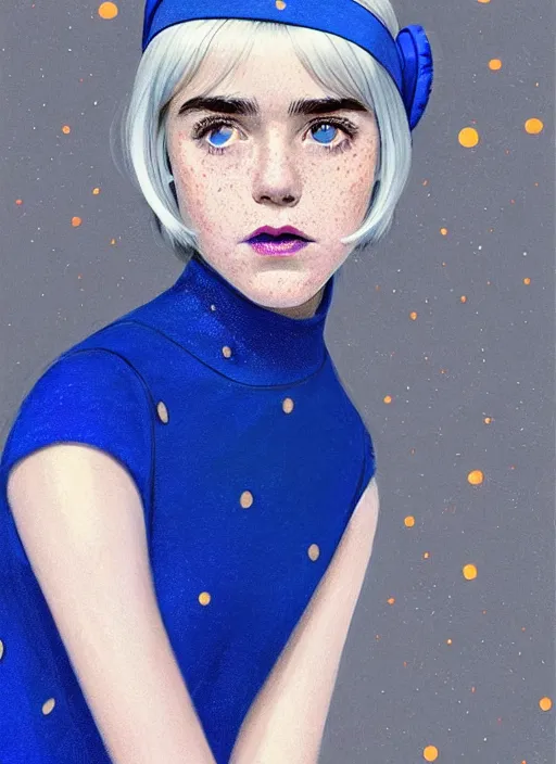 Image similar to portrait of kiernan shipka with freckles, white hair, big 1 9 6 0 s bob hairstyle with bangs and hairband, blue 1 9 6 0 s dress, intricate, elegant, glowing lights, highly detailed, digital painting, artstation, concept art, smooth, sharp focus, illustration, art by wlop, mars ravelo and greg rutkowski