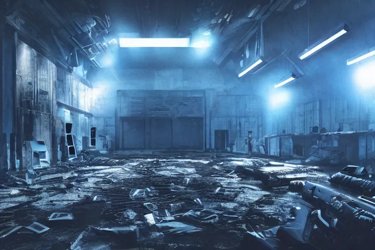 Prompt: Abandoned night hangar, dim blue light, foggy room, Several soldiers, laser sights on weapons, they are killed by a cyber woman, meat, blood, bones, spine, style Blade Runner, cinematic, volumetric light