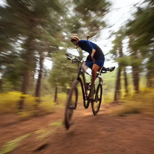 Image similar to An action photo of a giraffe with old school brown pilot goggles riding mountainbike, fast towards the camera, motion blur, high detail, wide shot