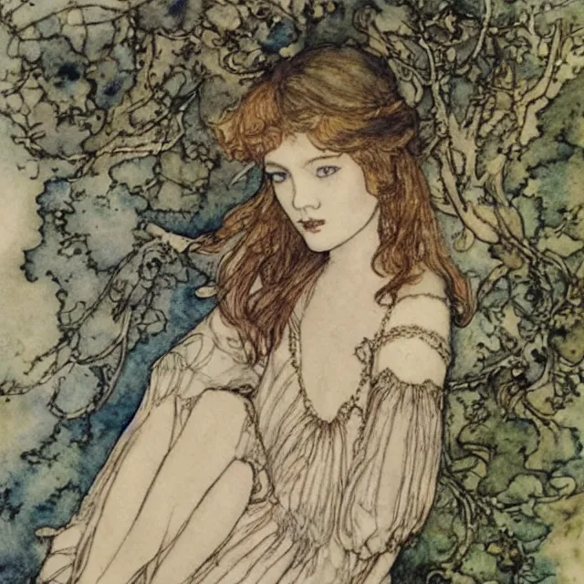 Prompt: a detailed, intricate watercolor and ink portrait illustration with fine lines of young 1 4 year old scarlett johannson in a dress, by arthur rackham and edmund dulac