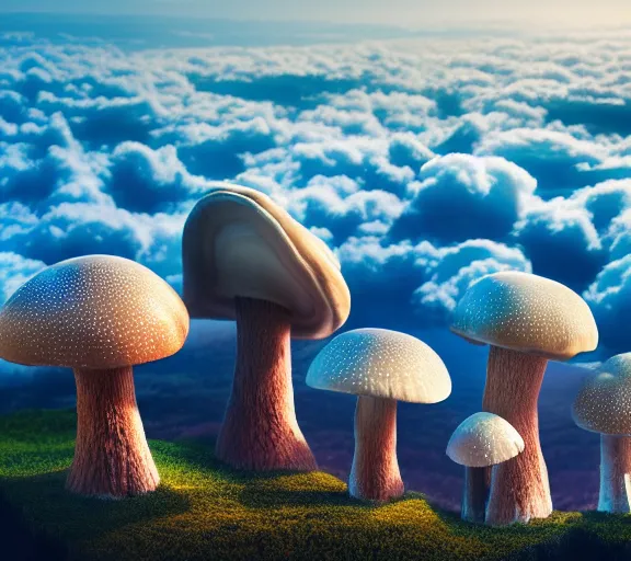 Image similar to a giant mushroom that stretches above the clouds with an upside down city built under the cap. highly detailed 8 k. intricate. lifelike. soft light. nikon d 8 5 0. cinematic post - processing