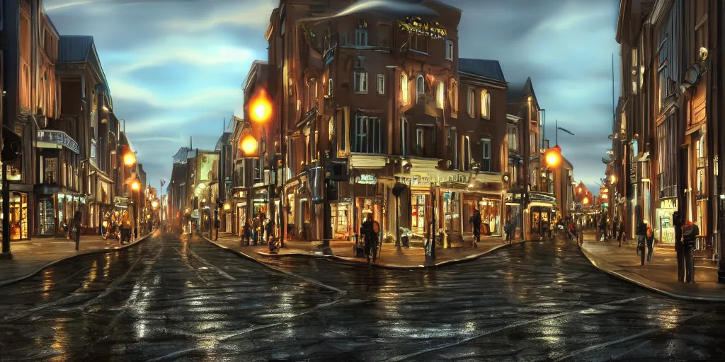 Prompt: Photorealistic Grafton Street on a quiet Charlottetown night. Hyperdetailed photorealism, UHD, amazing depth, glowing rich colors, golden ration, 3d shading, cinematic lighting, artstation concept art