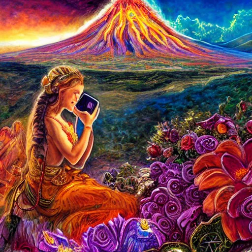 Prompt: painting by josephine wall, horned ram goddess, checking her cell phone, erupting volcano in distance, sunset, flowers in foreground, zodiac, fantasy acrylic on canvas, intricately detailed, highly detailed, high resolution, hdr, 8 k, by senior concept artist, trending on artstation