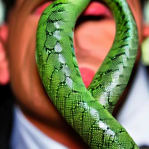 Prompt: photo of a man with a snake tongue sticking out, snake skin and green snake - eyes