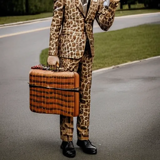 Image similar to a giraffe wearing a suit and holding a briefcase