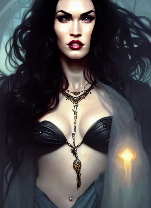 Image similar to portrait of megan fox as a vampire queen, jewelry, greek, black, intricate, headshot, highly detailed, digital painting, artstation, concept art, sharp focus, cinematic lighting, illustration, art by artgerm and greg rutkowski, alphonse mucha, cgsociety