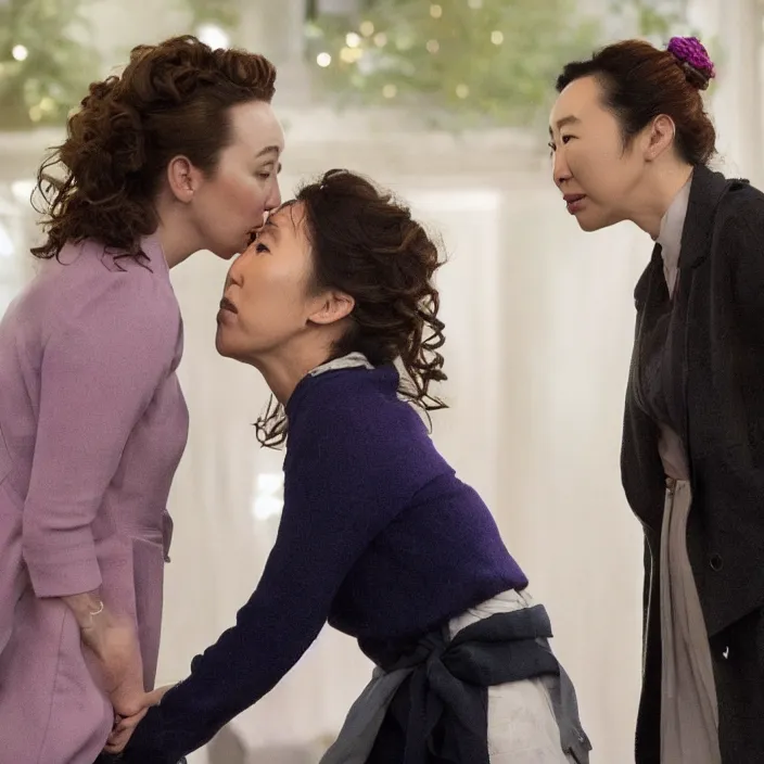 Image similar to jodie comer and sandra oh kiss, beautiful movie stills