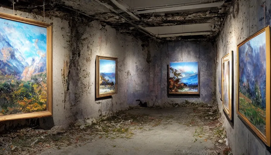 Image similar to photos of landscapes, in a decrepit art gallery, painted on by robots! dramatic lighting