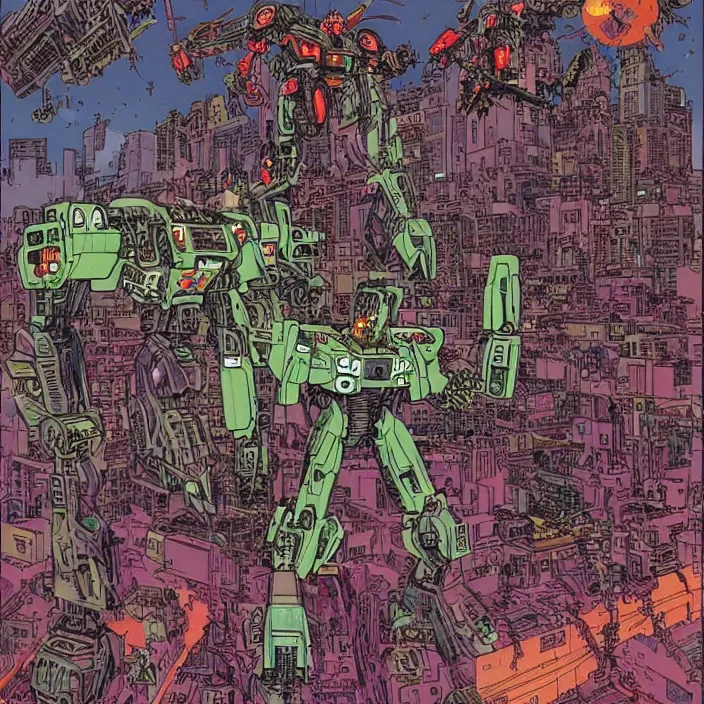 Prompt: massive Evangelion style battlemech in a cyberpunk city, cyberspace, or deep space. Heavy metal music, 80s and 90s fashion, detailing, and neon lights. illustration by Geof Darrow, Moebius, and Simon Bisley