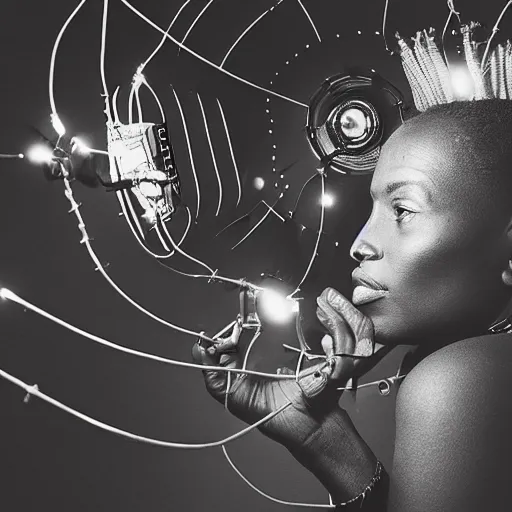 Prompt: photo of beautiful African native ancient woman inspecting space ship cockpit, wires with lights, vintage old photo, black and white, sepia