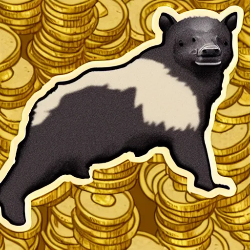 Image similar to a telegram sticker of a honey badger on a pile of gold coins
