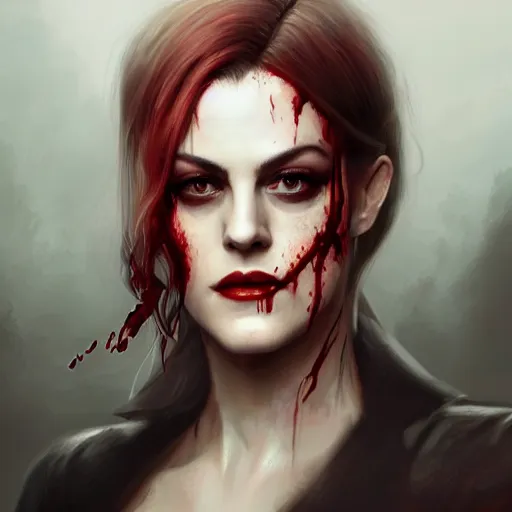 Prompt: portrait of riley keough in bloody business suit, blood red eyes, vampire fangs, fantasy, intricate, elegant, highly detailed, digital painting, artstation, concept art, matte, sharp focus, illustration, art by aenaluck and roberto ferri and greg rutkowski, epic fantasy, digital painting