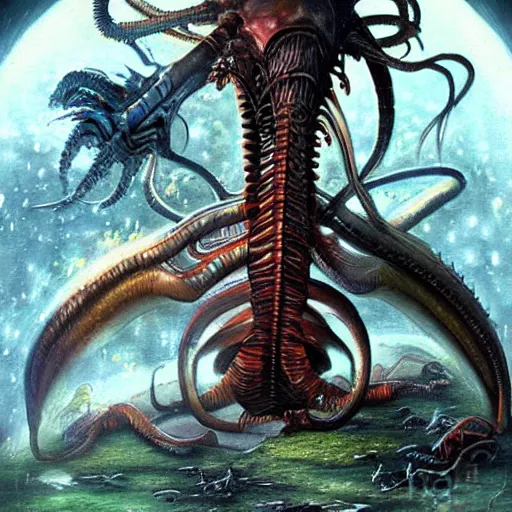 Prompt: realistic portrait beautiful painting of Nobita mutate into a Xenomorph. Horror, created by Thomas Kinkade.