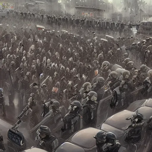 Image similar to police lined up, standing against the crowd of protesters, concept art, intricate details, highly professionally detailed, cgsociety, highly detailed -