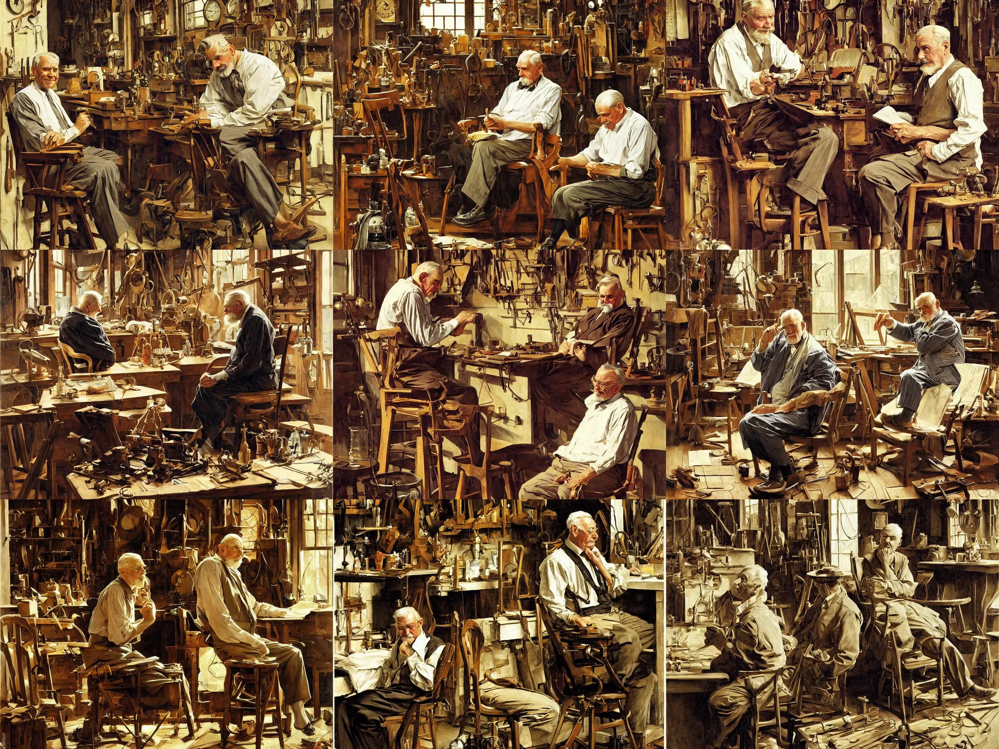 Prompt: a old man sitting on a chair in his workshop, art by j. c. leyendecker