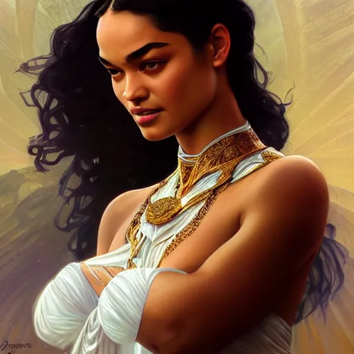 Image similar to Shanina Shaik as a greek goddess, intricate, elegant, highly detailed, digital painting, artstation, concept art, smooth, sharp focus, illustration, art by artgerm and greg rutkowski and alphonse mucha