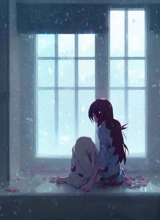 Image similar to interior, near the window, rainy outside, illustration concept art anime key visual trending pixiv fanbox by wlop and greg rutkowski and makoto shinkai and studio ghibli