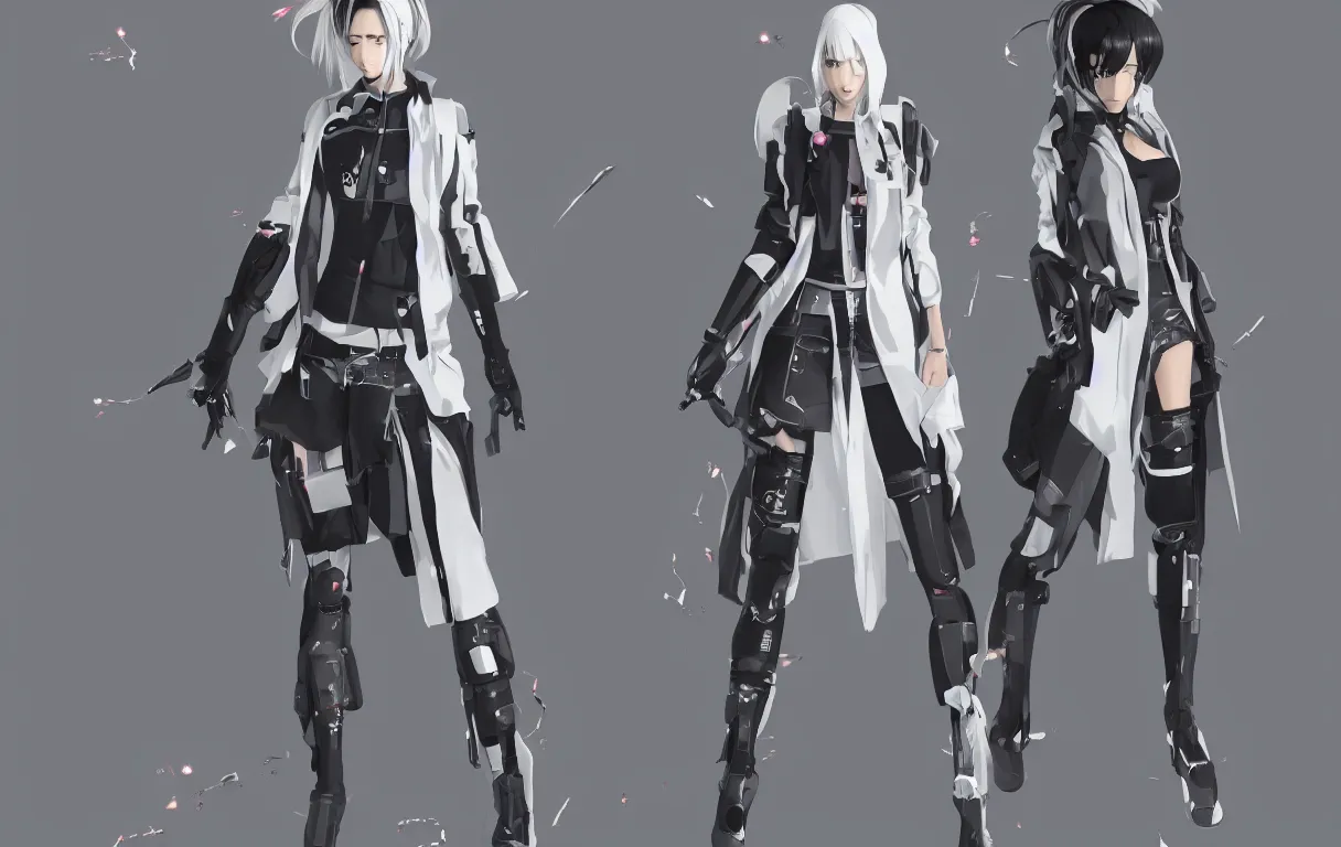 Prompt: a beautiful female anime devout japanese cyberpunk assassin who wears all white; a series of character outfit concepts where each design is centred and arranged in a straight line; clear character silhouette, high clarity outfit design; perfect anatomy; layered clothing, techwear; trending on artstation; clear shapes, clean edges, full body