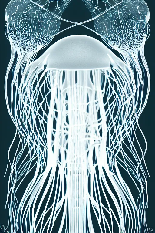 Image similar to luminescent jellyfish, symmetrical, highly detailed, digital art, sharp focus, skeleton, trending on art station, lavalamp