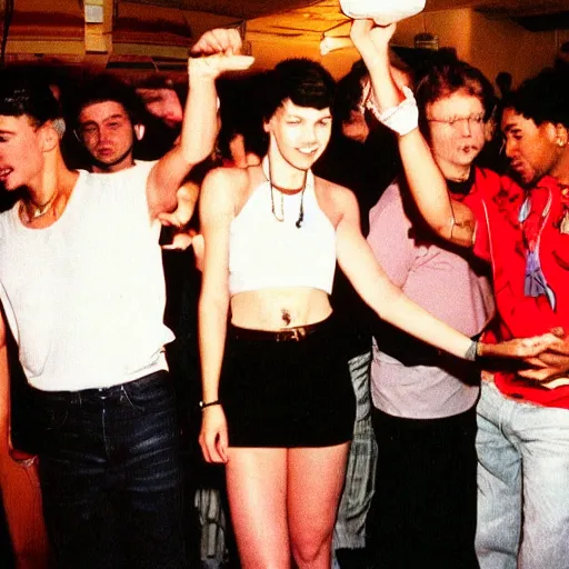 Image similar to photo of a small party with people partying in the early 1990's. 2pac can be seen in the background.