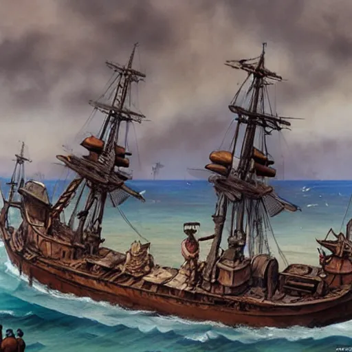 Prompt: somali pirates, a detailed matte painting by anton pieck, deviantart contest winner, fantasy art, concept art, official art, matte drawing