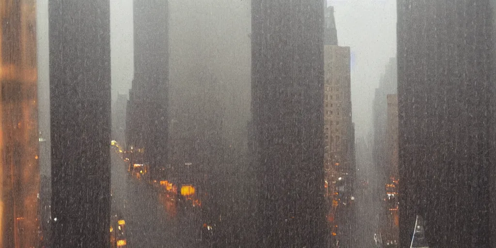 Prompt: a real photo of new york viewed from a very far away wet skyscraper's window on a rainy day, by saul leiter