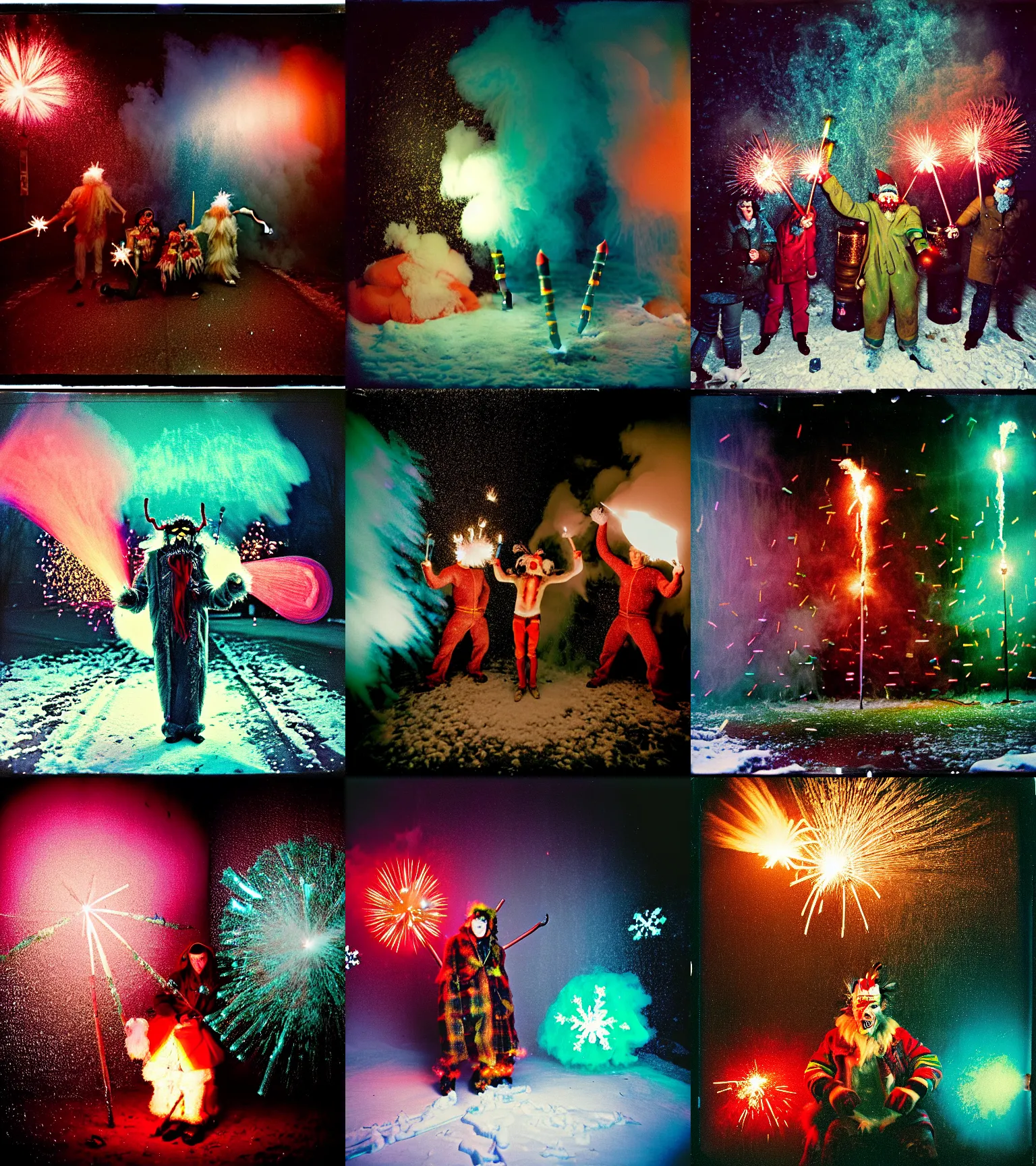 Image similar to kodak portra 4 0 0, wetplate, winter, snowflakes, rainbow coloured rockets, chaos, glitter tornados, award winning dynamic photo of a bunch of hazardous krampus between exploding fire barrels by robert capas, motion blur, in a small pantry at night with colourful pyro fireworks and torches, teal lights