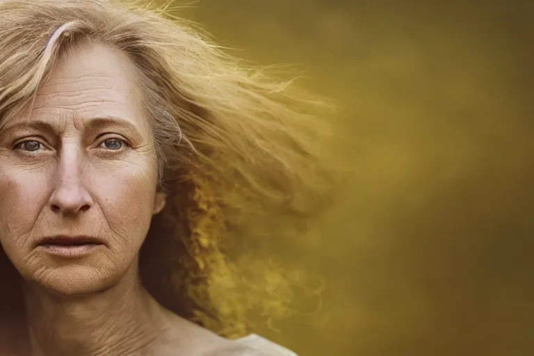 Image similar to a highly detailed cinematic headshot portrait of a frozen middle aged woman stood in a field, field on fire, ultra realistic, depth, beautiful lighting, by annie leibovitz, photorealistic, hyperrealistic, octane, masterpiece