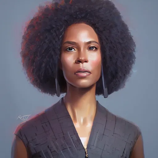 Prompt: Portrait of a woman by Greg Rutkowski, she is about 30 years old, mulato, afro hair, attractive and beautiful, she is wearing a futuristic lawyer outfit, highly detailed portrait, scifi, digital painting, artstation, concept art, smooth, sharp foccus ilustration, Artstation HQ