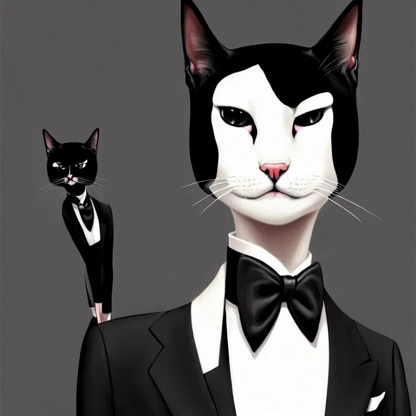 Prompt: slim cruel business humanoid cat in tuxedo with black bob hair, elegant, 2 d, ultra highly detailed, digital painting, smooth, sharp focus, artstation, art by ilya kuvshinov!