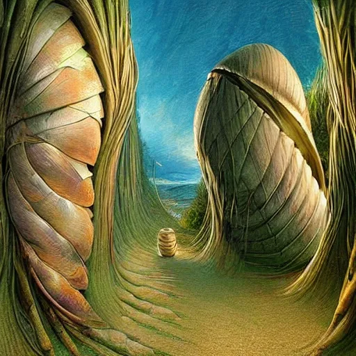 Image similar to beautiful portrait of bamboo living pods shaped like a sea shell embedded on the side of a cliff, the time machine, mechanical birds in flight, art by artgerm, artwork by peter gric and brian froud