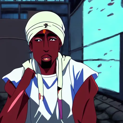 Image similar to Tupac Shakur, screenshot from a 2012s anime