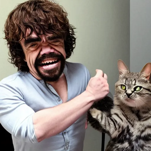 Image similar to peter dinklage laughing hysterically at a cat,