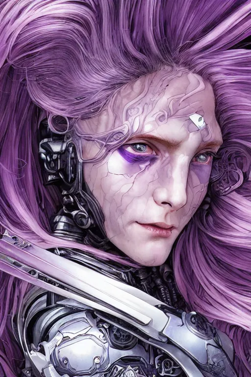 Image similar to extreme close up facial portrait, pale woman with flowing purple hair in sci - fi armor, bionic armor, stoic, powerful, by artgerm and yoshitaka amano and moebius and alphonse mucha, hyperdetailed, dc comics, ornate, nebula, detailed, yoji shinkawa, trending on artstation