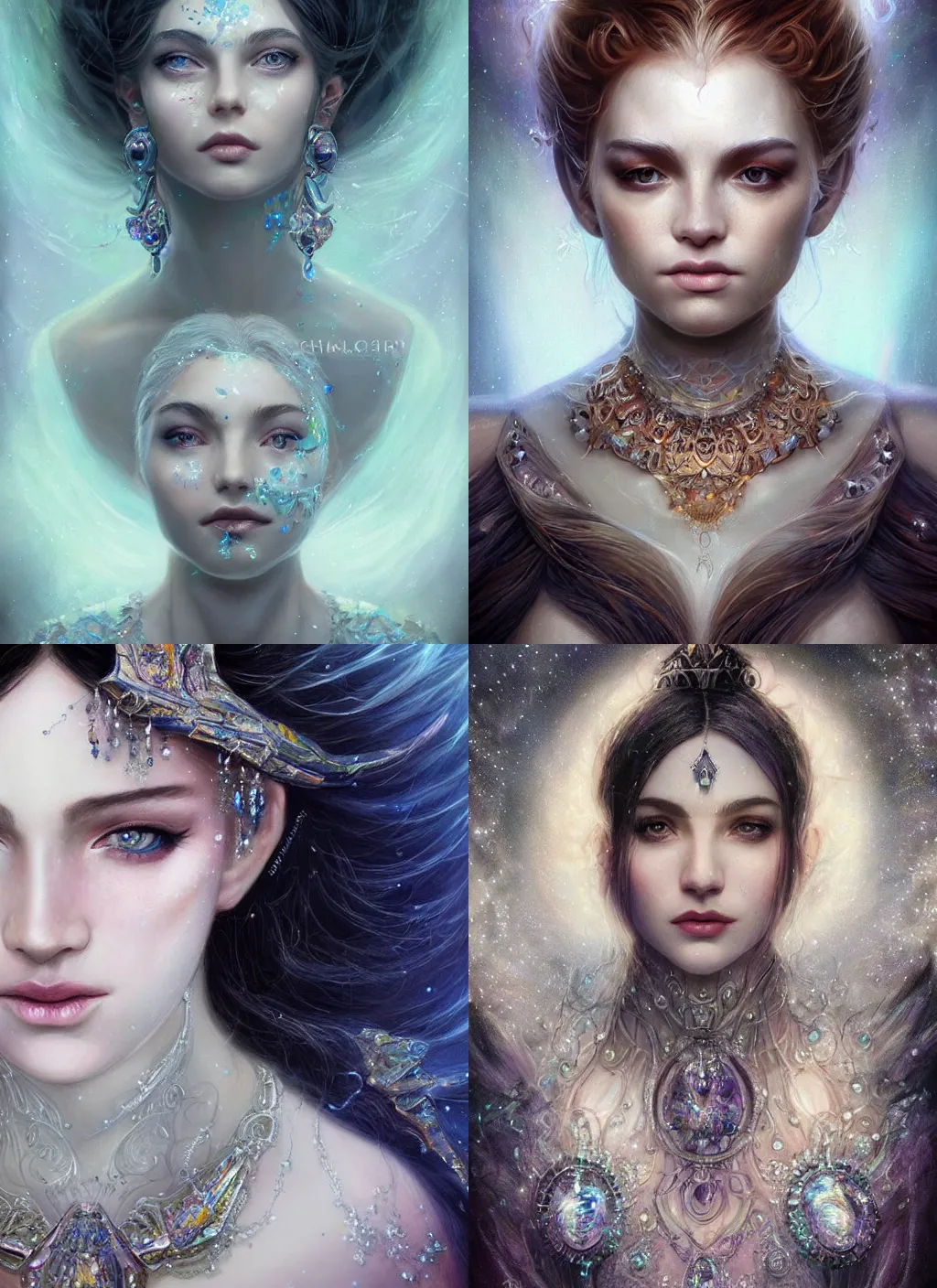 Prompt: realistic character concept, princess with lots of crystals in the face, elegant pose, scifi, illustration, symmetrical face and body, artstation, pinterest, cinematic lighting, hyperdetailed, 8 k, michael shapcott, charlie bowater, artgerm, insanely detailed and intricate, elegant, dark fractal background, vfx, art deco, postprocessing