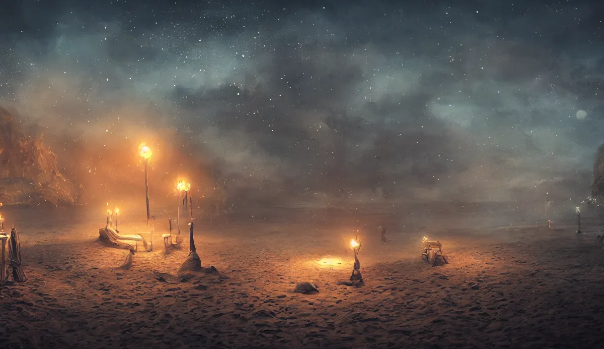 Image similar to beach at night, stars, torches, fireflies, bioluminescence, fire, fog, insane details, intricate, elite, ornate, elegant trend, highly detailed and intricate, sharp focus, photography, unreal engine, trending on artstation, photorealistic, octane, hyper detailed, trending on deviantart,