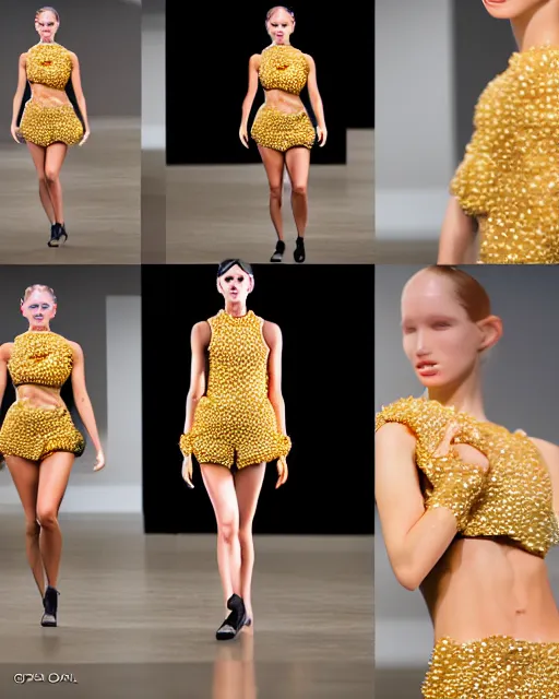 Prompt: multi panel storyboard of olivia wearing an outfit made of golden donuts, runway model at new york fashion week, fit physique, black hair, freckles, pale skin, multiple angles, photo by greg rutkowski, stage lighting, soft colors, female beauty, intricate detail, elegance, 3 5 mm, depth of field, masterpiece