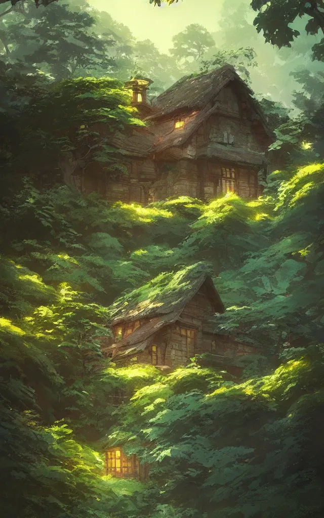 Image similar to Stunning cottage, solar, lush, forest, beautiful, by Studio Ghibli and Greg Rutkowski, artstation