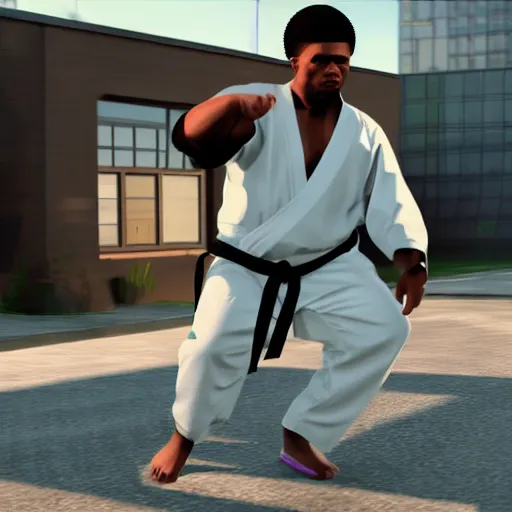 Prompt: hyperrealistic image of overweight black martial artist with dreadlocks in uniform doing kata, grand theft auto style