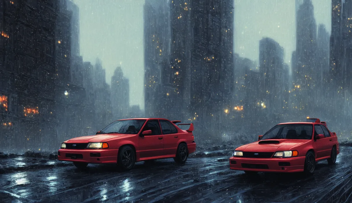 Image similar to detailed intricate digital landscape illustration by greg rutkowski and artgerm and wlop and sanford robinson gifford ; 1 9 9 4 subaru wrx sti driving in a beautiful windy city with bright headlights ; 5 0 mm film still, arri alfa anamorphic lens ; sharp focus, quentin tarantino compostion and lighting ; trending on artstation 4 k