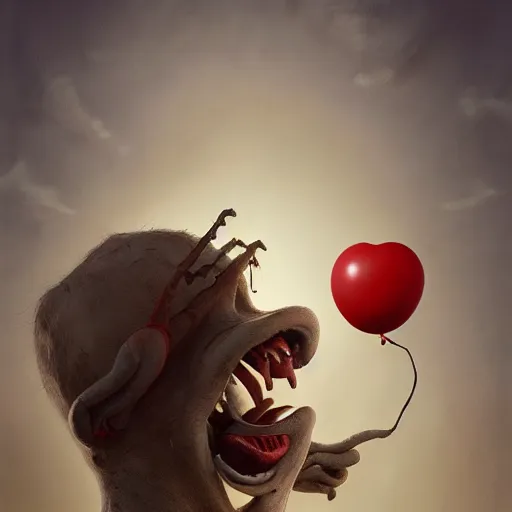 Image similar to matte painting of bugs bunny with a wide smile and a red balloon by Zdzisław Beksiński, loony toons style, pennywise style, corpse bride style, creepy lighting, horror theme, detailed, elegant, intricate, conceptual,