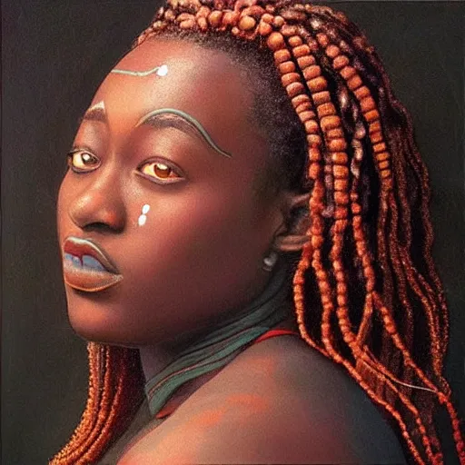 Image similar to “sango God of thunder plaited hair beads cowry Nigerian lightning facial details proportionate dark skinned symmetrical digital art oil painting Edward hooper”