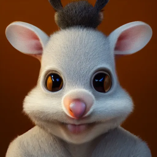 Image similar to character portrait, marsupial with big oval eyes, small pointed nose, bushy eyebrows, ears like flowers, and a square mouth, award winning art, octane engine, artstation, 4 k hd masterpiece, extreme photo realism