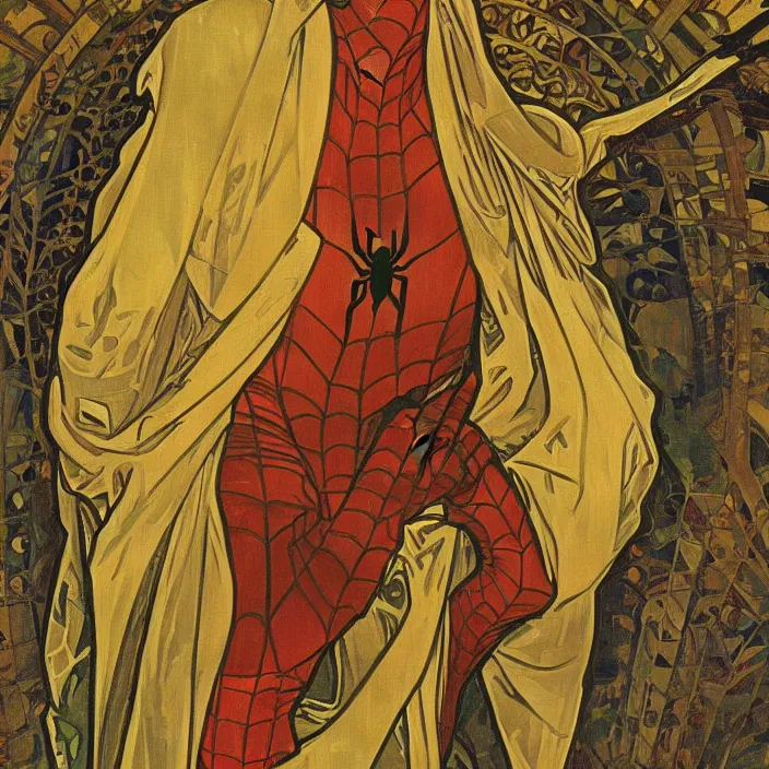 Prompt: A portrait of Spider-man, full-length, oil painting in a renaissance style , very detailed, gold background, painted by Alphonse Mucha.