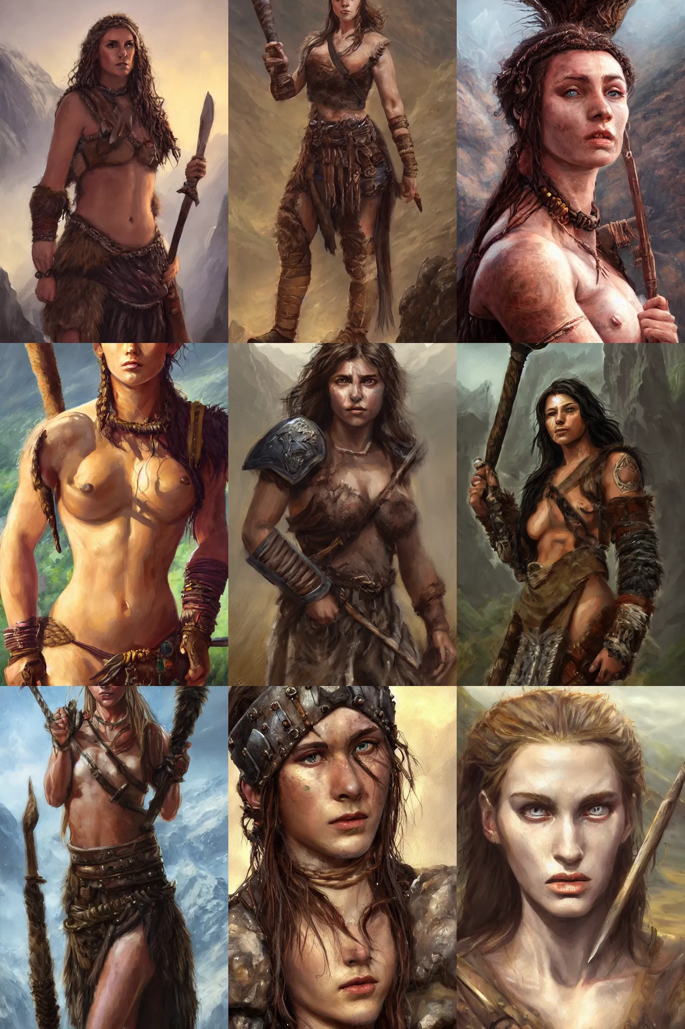 Prompt: a full body high detail fantasy portrait oil painting illustration of a beautiful young rugged stoic barbarian woman by justin sweet with face and body clearly visible, in a scenic background, pupils visible, realistic proportions, d & d, rpg, forgotten realms, artstation trending, high quality, sombre mood, artstation trending, muted colours, entire person visible!