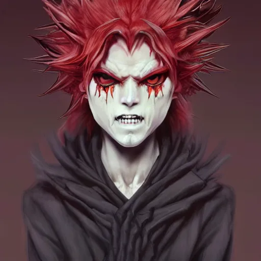 Image similar to demon boy, yound adult yokai boy with wild spiky hair, vantablack cloak, red eyes, ultra realistic, concept art, intricate details, eerie, highly detailed, photorealistic, octane render, 8 k, unreal engine. art by artgerm and greg rutkowski and charlie bowater and magali villeneuve and alphonse mucha