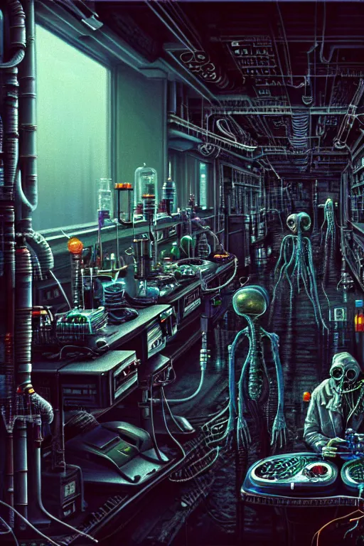 Image similar to a highly detailed painting of a mad scientist laboratory on halloween, 1 9 8 0 s science fiction, 1 9 7 0 s science fiction, alien 1 9 7 9, cyberpunk, 3 d oil painting, depth perception, 4 k, artstation